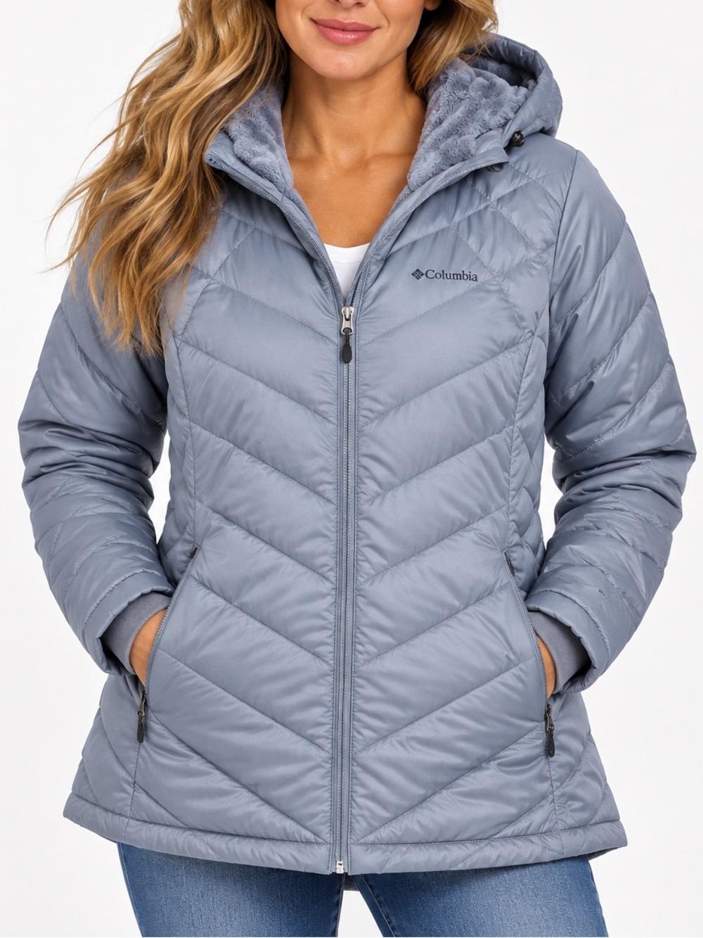 Columbia Women’s 1X Gray Omni-Heat Hooded Puffer Jacket Faux Fur Lined